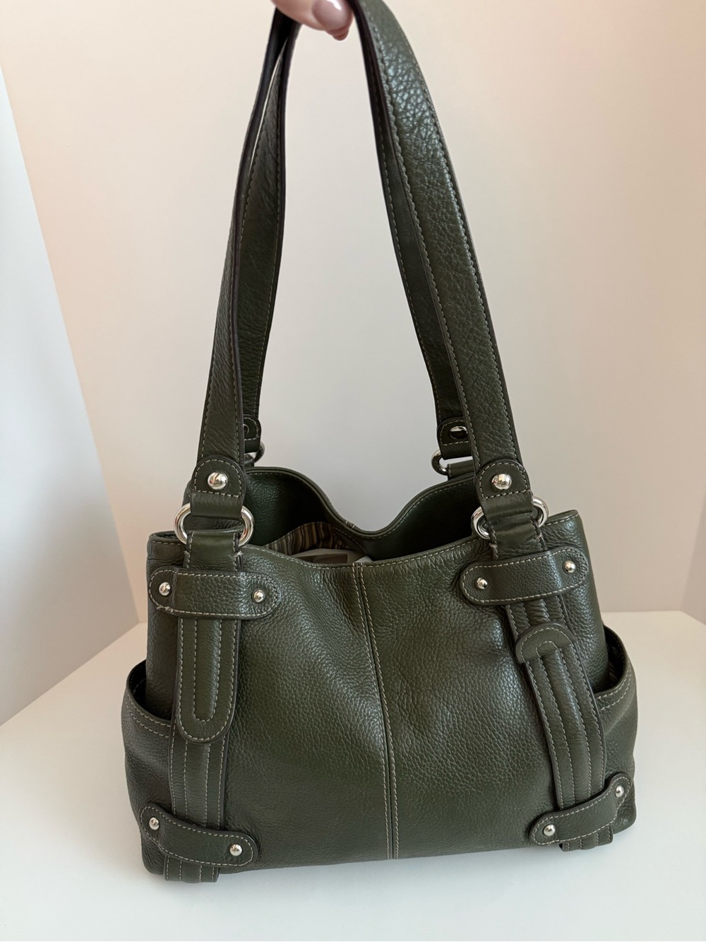 Clarks Olive Green Genuine Leather Shoulder Bag Tote Purse Silver Hardware - Picture 3 of 8